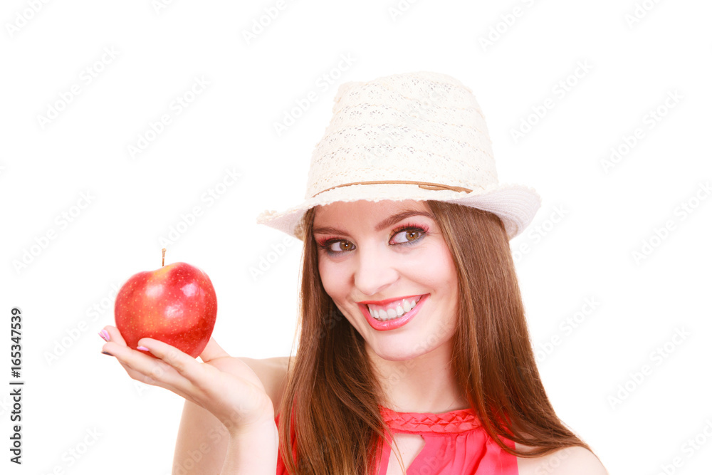 Woman summer hat colorful makeup holds apple fruit Woman summer hat colorful makeup holds apple fruit