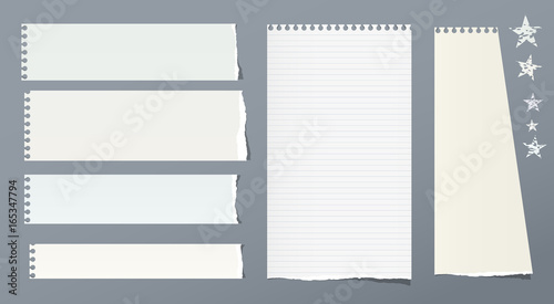 Ripped note, notebook, copybook vertical and horizontal paper strips with stars on grey background.