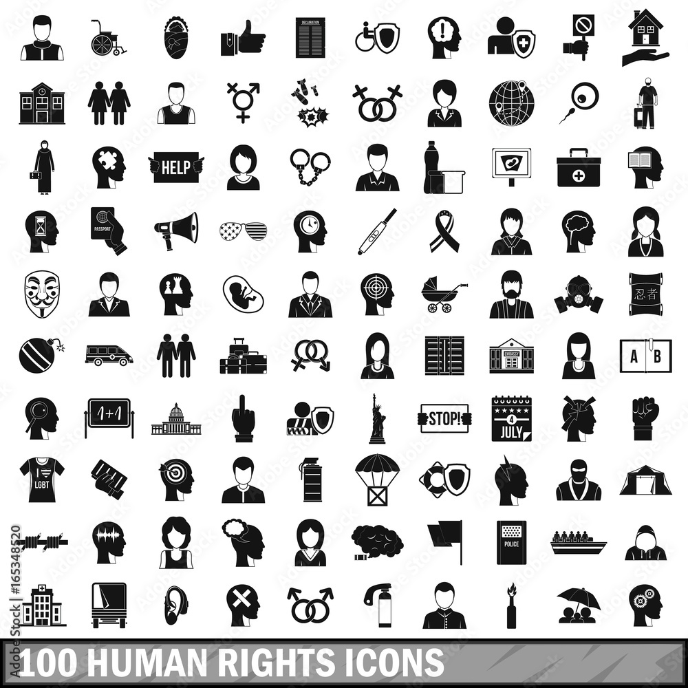 100 human rights icons set, simple style 100 human rights icons set, simple style