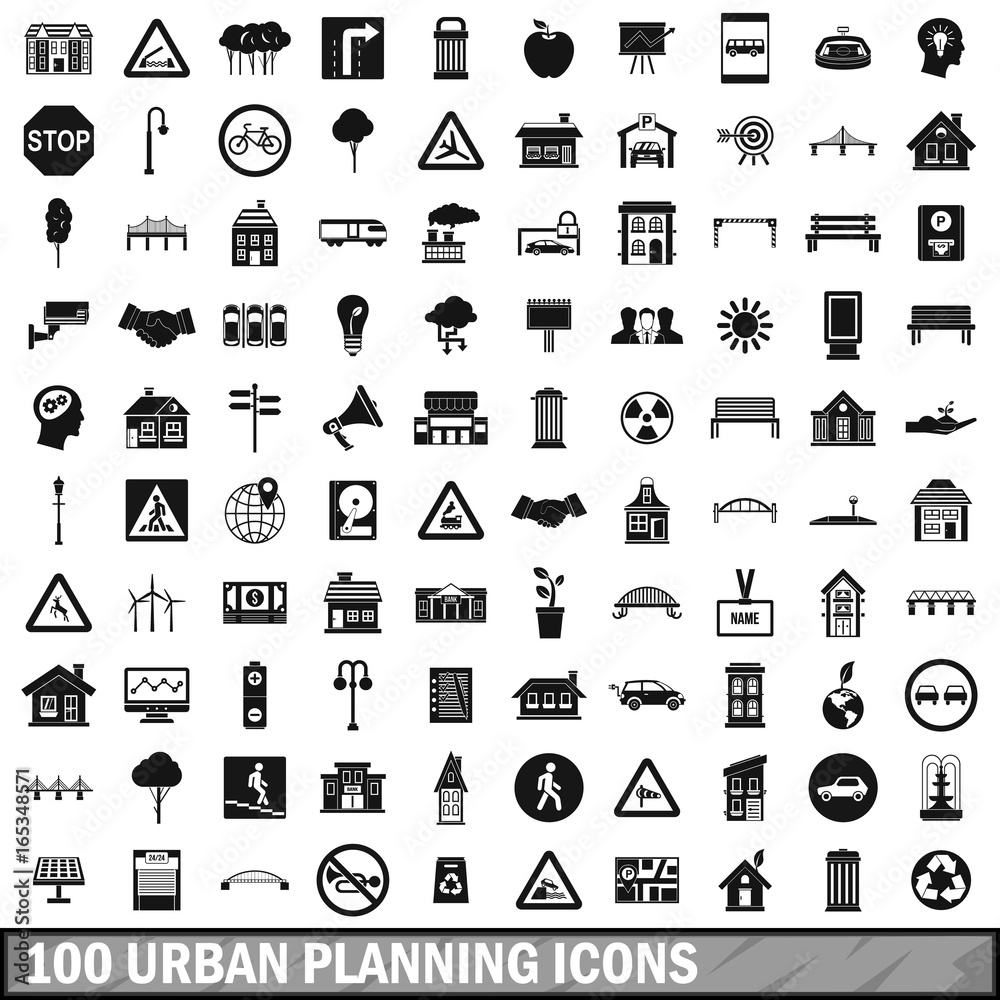 100 urban planning icons set, simple style 100 urban planning icons set, simple style