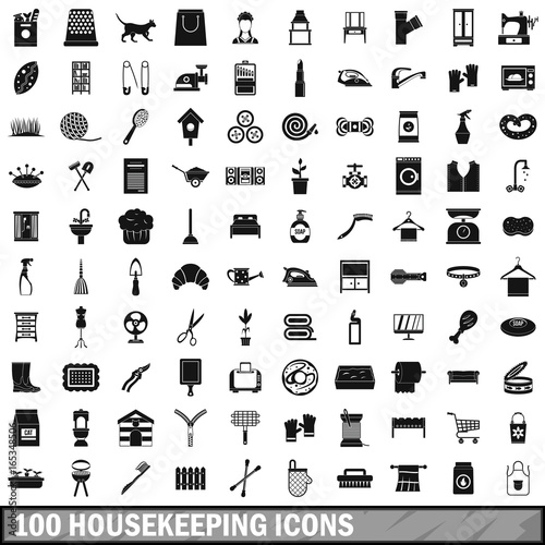 100 housekeeping icons set, simple style 