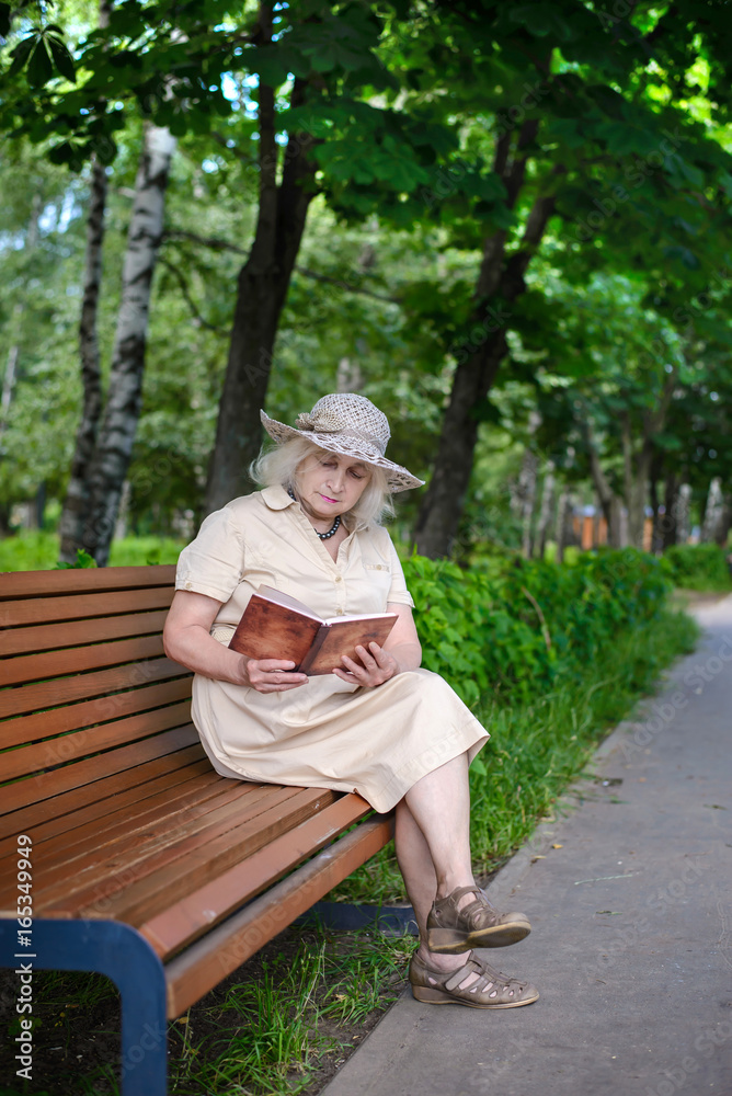 An elderly woman reads a book in the park An elderly woman reads a book in the park