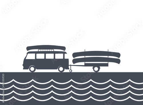 Monochrome camping bus with canoe and trailer