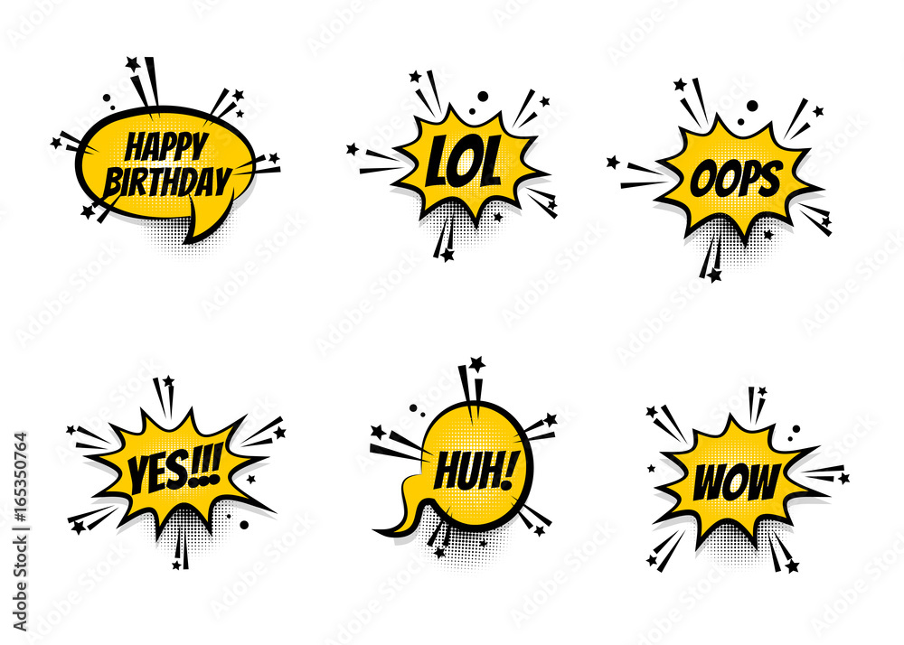 Lettering LOL, oops, wow, happy birthday. Set comics book balloon. Bubble  icon speech phrase. Cartoon exclusive font label tag expression. Comic text  sound effects. Sounds vector illustration. Stock Vector | Adobe Stock