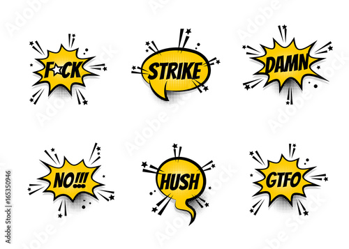 Lettering aggressive fuck, damn, no, hush, GTFO. Set comics book balloon. Bubble icon speech phrase. Cartoon exclusive font label tag expression. Comic text sound effects. Sounds vector illustration.