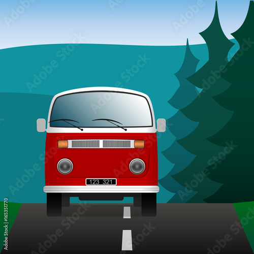 Minibus on a forest road. Transport in the landscape. Vector Image.