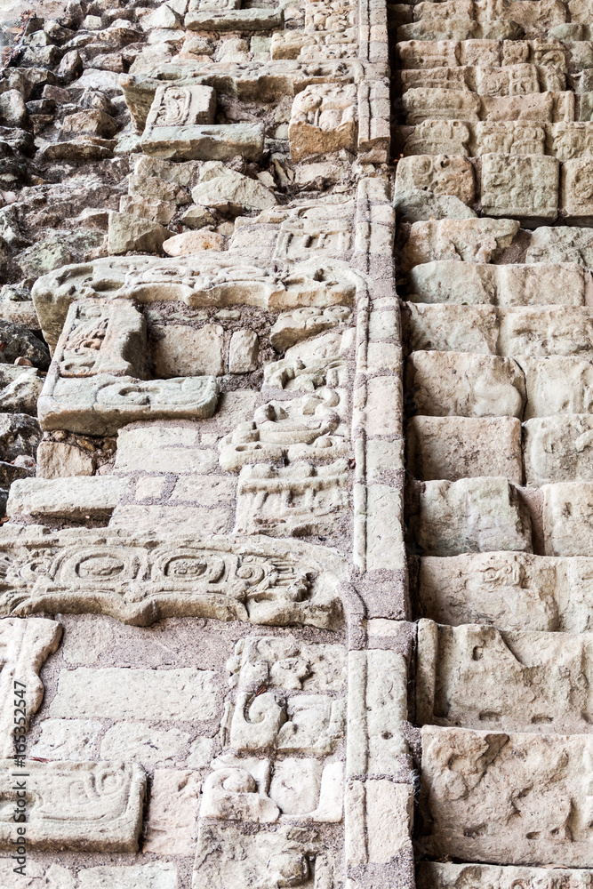 Detail of Hieroglyphic Stairway at the archaeological site Copan, Honduras