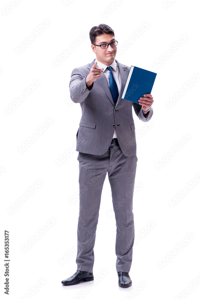 Businessman student reading a book isolated on white background Businessman student reading a book isolated on white background