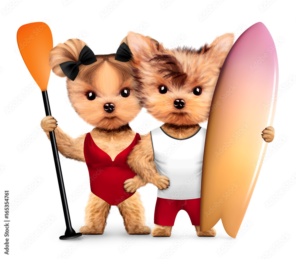 Obraz premium Animals wearing swimwear hold surf and paddle