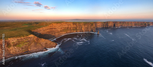 Aerial birds eye view from the world famous cliffs of moher in county clare ireland. beautiful irish scenic landscape nature in the rural countryside of ireland along the wild atlantic way.