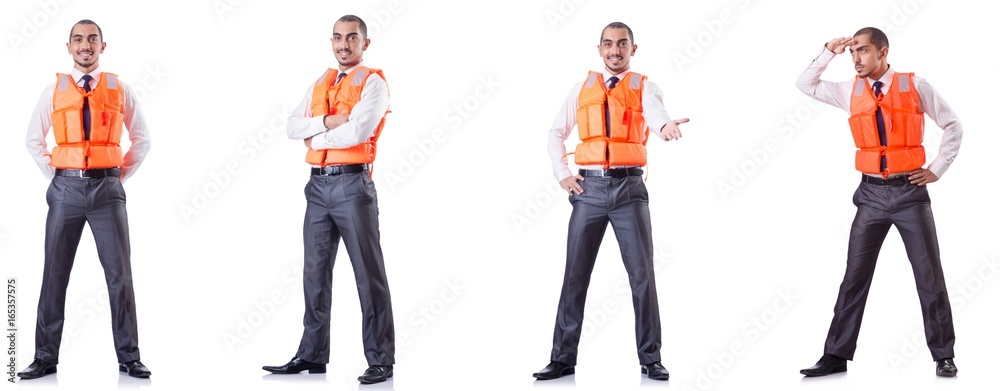 Obraz premium Man in life jacket isolated on white
