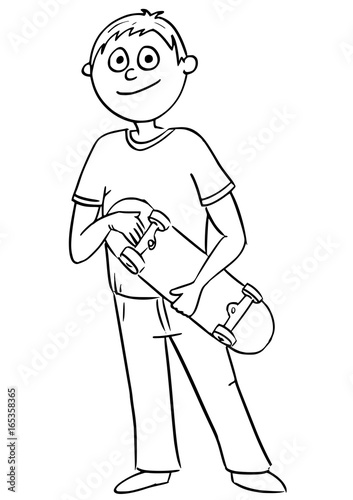 Cartoon Illustration of Boy Holding Skateboard