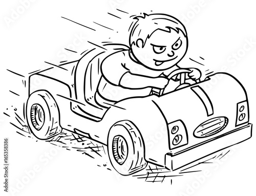 Cartoon Illustration of Boy Driving Electric or Pedal Car