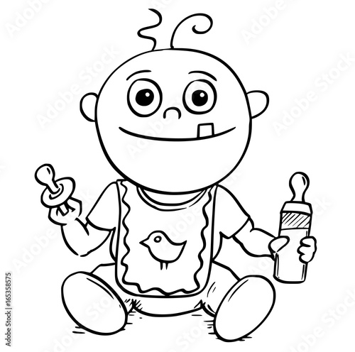 Cartoon Illustration of Baby with Dummy Pacifier and Feeding Nursing Bottle