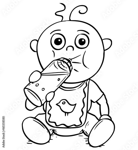 Cartoon Illustration of Baby Drinking from Feeding Nursing Bottle