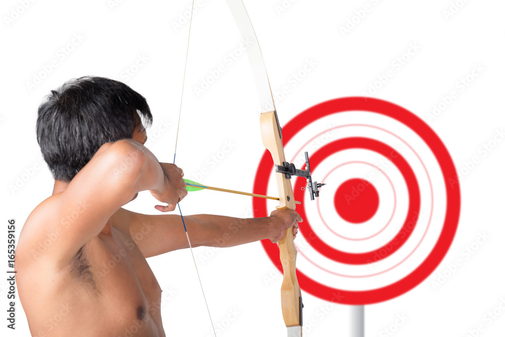 Asian man holding bow and shooting to archery target. Rear view, businessman aiming at target with bow and arrow, target success concept. Asian man holding bow and shooting to archery target. Rear view, businessman aiming at target with bow and arrow, target success concept.