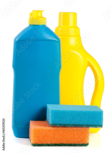 dishwashing detergent with sponge isolated on white background