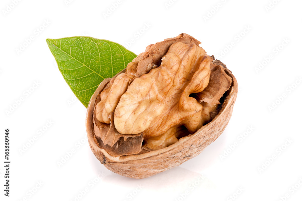 Walnut with leaf isolated on white background Walnut with leaf isolated on white background