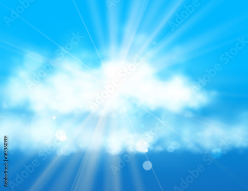 Blue sky and sun. Realistic Blur Design With Burst Rays. Abstract Shining Background.