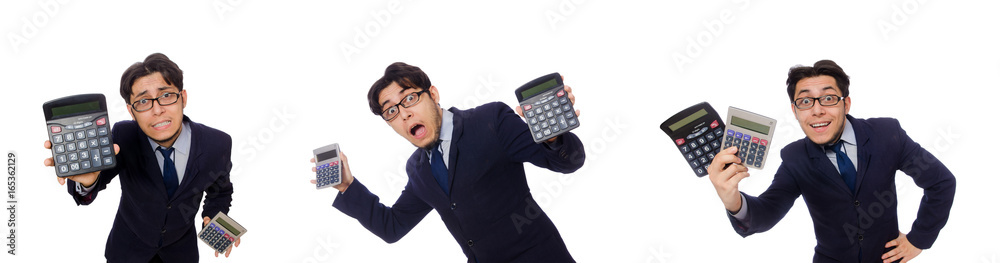Funny man with calculator isolated on white Funny man with calculator isolated on white