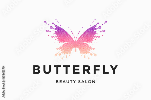 Canvas Print Label of beauty salon with colorful red-pink butterfly and text Butterfly