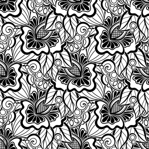 Black and White Seamless Pattern with Floral Motifs