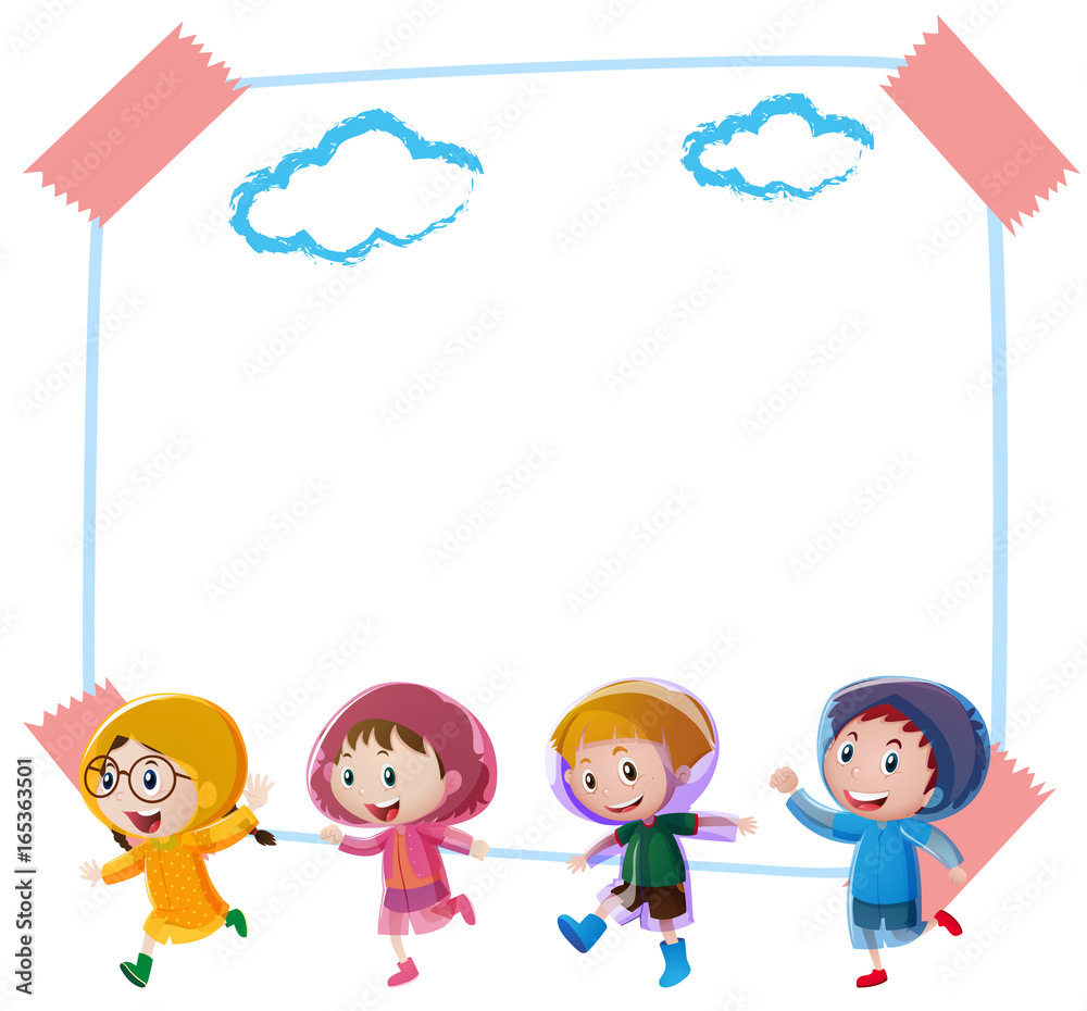 Paper background template with children in raincoats Paper background template with children in raincoats
