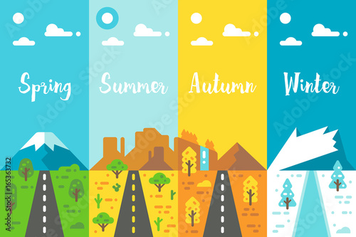 Flat design 4 seasons road set