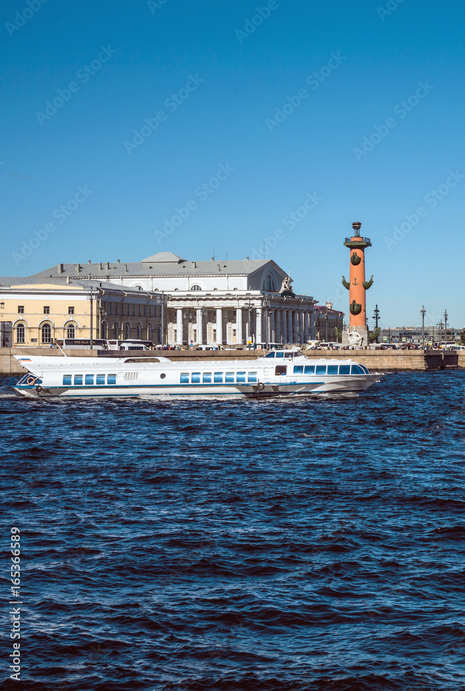 The hydrofoil boat sails along the Neva River in St. Petersburg