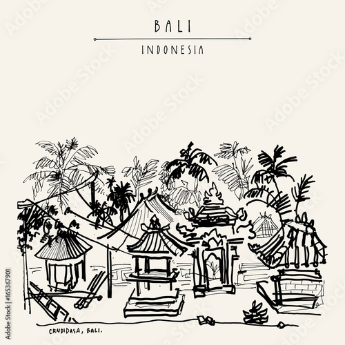 Candidasa, Bali, Indonesia. Vector hand drawn postcard photo