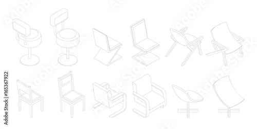 Isometric outline chairs set. Bar, office vector chair.
