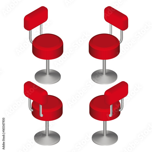 Isometric red bar chairs set. Tall cafe chair. Vector illustration.