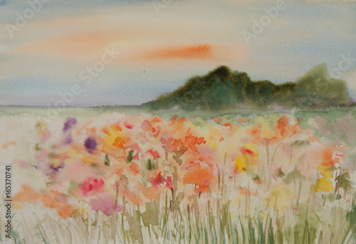 Beautiful landscape watercolor painting of wildflower field