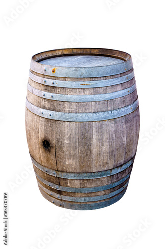 Old wooden barrel for wine with steel ring on white background.