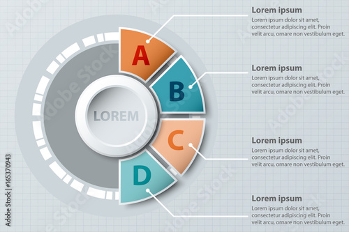 Four topics colorful half pie chart 3d paper with circle in center for website presentation cover poster vector design infographic illustration concept