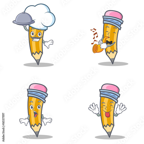 Set of pencil character with chef trumpet surprised tongue out