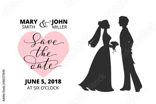 Save the date card with bride and groom silhouettes and hand written custom calligraphy