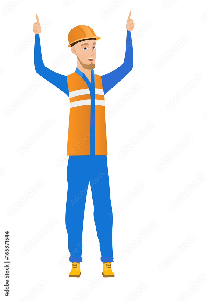 Caucasian builder standing with raised arms up.