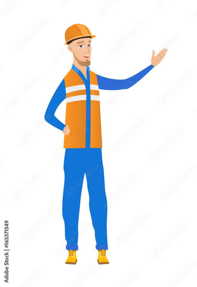 Young caucasian builder with outstretched hand.