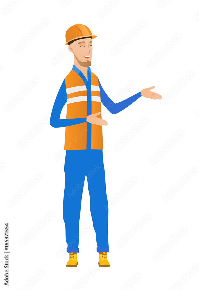 Young caucasian happy builder gesticulating. Young caucasian happy builder gesticulating.