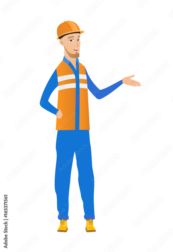 Young builder with arm out in a welcoming gesture. Young builder with arm out in a welcoming gesture.