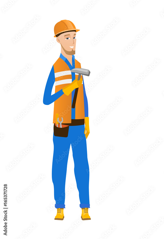 Young caucasian carpenter holding a hammer.