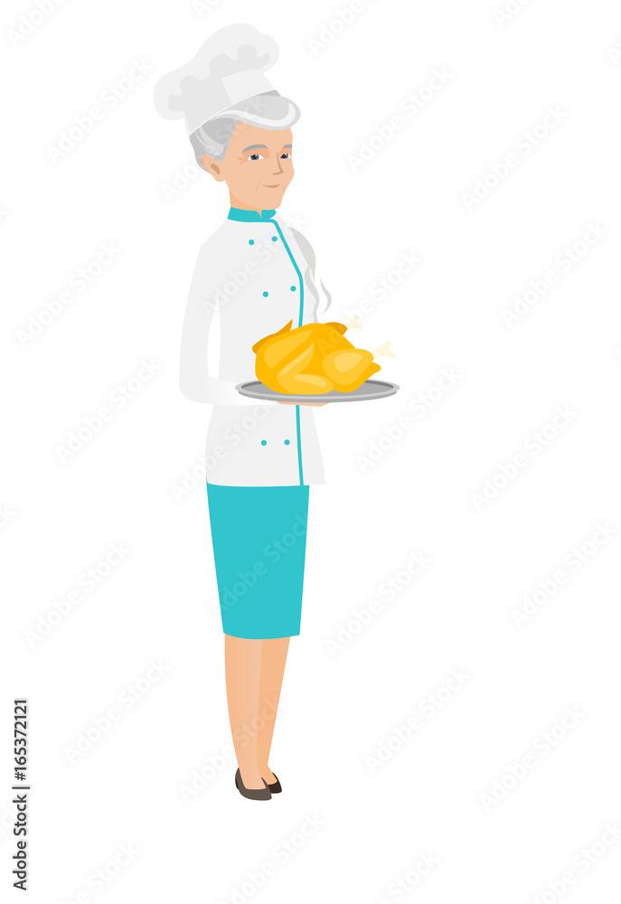 Senior caucasian chef holding roasted chicken. Senior caucasian chef holding roasted chicken.