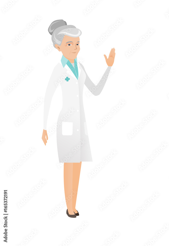Senior caucasian doctor waving her hand.