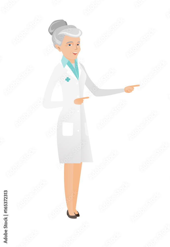 Senior caucasian doctor pointing to the side Senior caucasian doctor pointing to the side