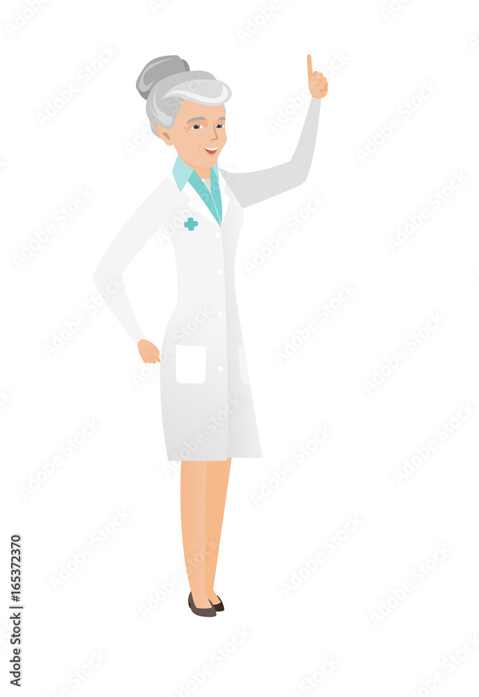 Caucasian doctor pointing with her forefinger. Caucasian doctor pointing with her forefinger.