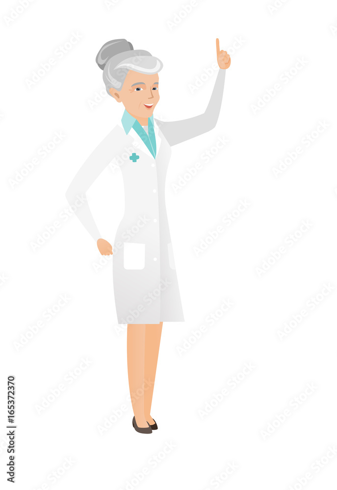 Caucasian doctor pointing with her forefinger.