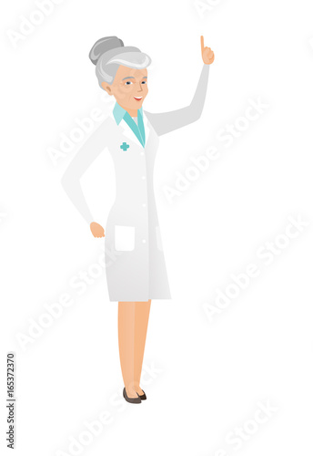 Caucasian doctor pointing with her forefinger.