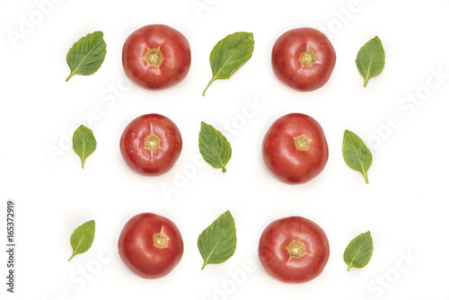 Tomatoes and basil leafs isolated on white background, Italian food pattern