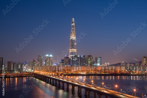 Night view of Han river and Lotte tower, Seoul, South Korea.